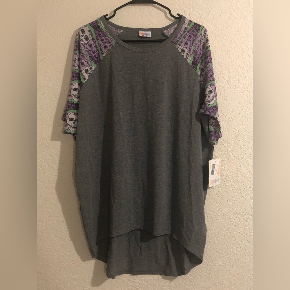 NWT Lularoe Irma Gray with purple skulls Womens Small